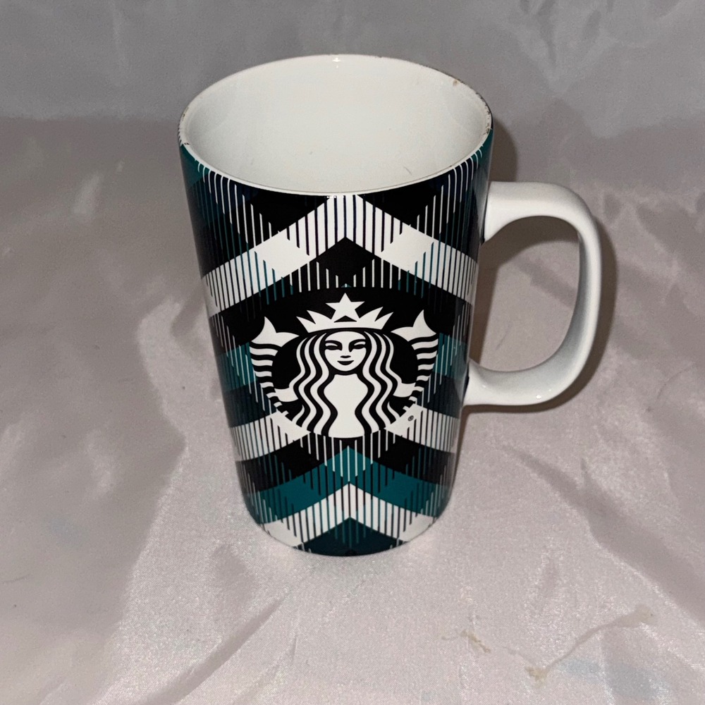 Starbucks 2015 Teal Black White Chevron Plaid Siren Logo Ceramic Mug 16oz
